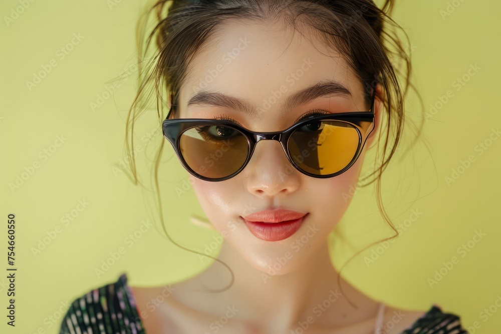 Stylish Young Asian Woman with Sunglasses Posing on a Bright Yellow Background for a Fashion Photoshoot Stylish Young Asian Woman with Sunglasses Posing on a Bright Yellow Background for a Fashion Photoshoot