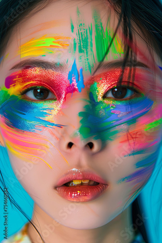 A closeup of a beautiful woman face painted with colorful paints
