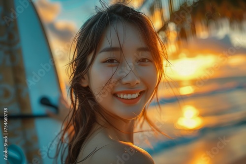Portrait of a Joyful Young Woman Enjoying Sunset by the Beach with Golden Sunlight Backdrop