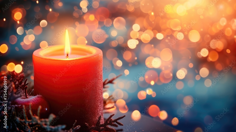 Festive candle with pine and berries in a warm holiday glow Festive candle with pine and berries in a warm holiday glow