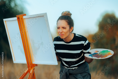 Woman Squinting Not Seeing to paint without her Eyeglasses. Confused painter unable to see from a close distance 