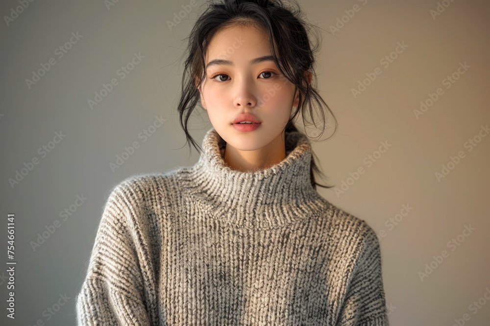 Elegant Asian Woman in Stylish Turtleneck Sweater Posing in Soft Natural Light, Comfortable Casual Fashion Portrait Elegant Asian Woman in Stylish Turtleneck Sweater Posing in Soft Natural Light, Comfortable Casual Fashion Portrait