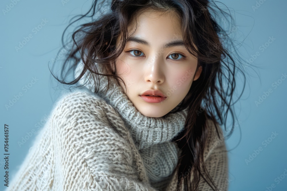 Portrait of a Young Woman with Natural Makeup Posing in a Cozy Knit Sweater on a Solid Background, Perfect for Fashion and Lifestyle Concepts Portrait of a Young Woman with Natural Makeup Posing in a Cozy Knit Sweater on a Solid Background, Perfect for Fashion and Lifestyle Concepts