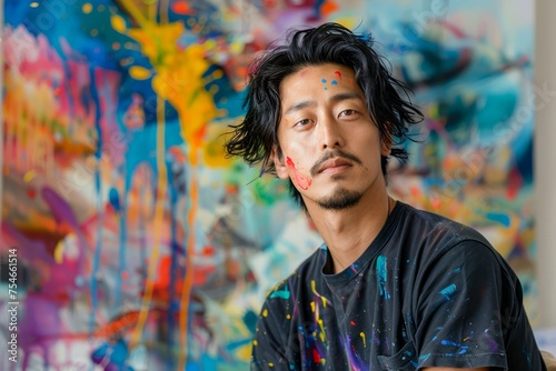 Artistic Portrait of a Pensive Male Painter with Color Splatters in Front of Vibrant Abstract Canvas in a Bright Art Studio
