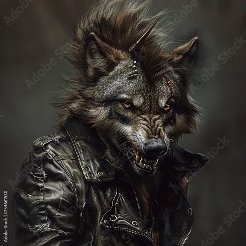 A fierce-looking wolf with a mohawk and leather jacket snarling defiantly