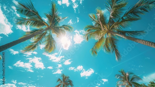 Palm Trees, Iconic images of swaying palm trees against azure skies evoke a sense of tropical paradise and relaxation