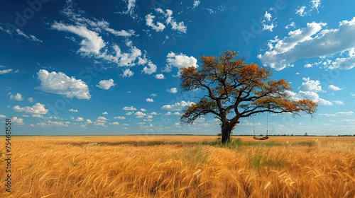 A tree under a blue sky over a crop field