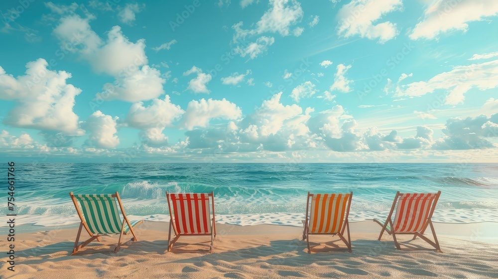 Beach Chairs, Stylish and comfortable beach chairs arranged on sandy shores invite viewers to imagine themselves soaking up the sun or enjoying panoramic ocean views - obrazy, fototapety, plakaty 