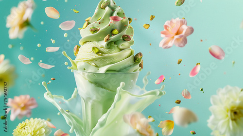 A playful composition of a pistachio ice cream sundae with flower petals playfully tossed in the air around it #754661732