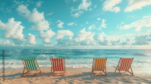 Beach Chairs  Stylish and comfortable beach chairs arranged on sandy shores invite viewers to imagine themselves soaking up the sun or enjoying panoramic ocean views