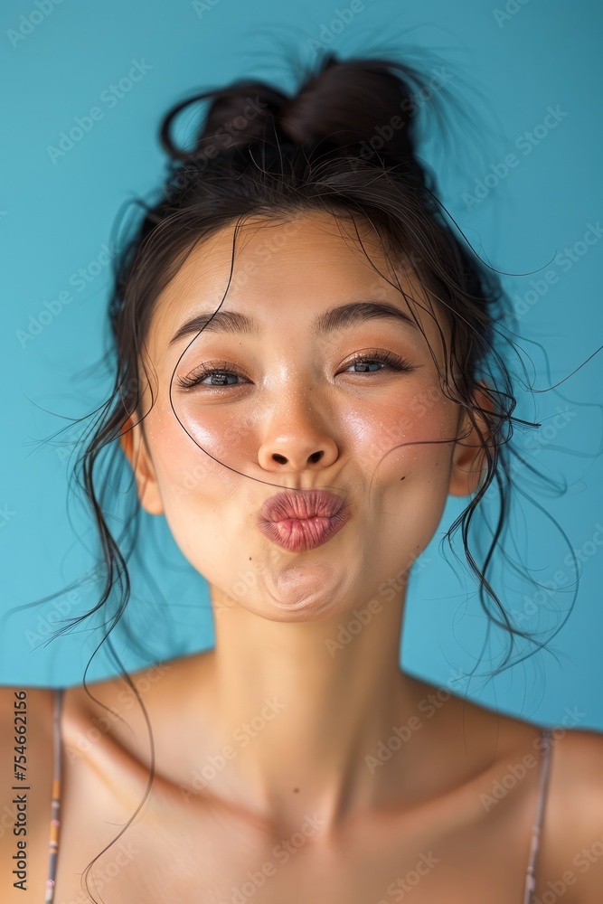 Playful Young Woman Making a Funny Face with Hair Bun against a Turquoise Background - Portrait Shot Playful Young Woman Making a Funny Face with Hair Bun against a Turquoise Background - Portrait Shot