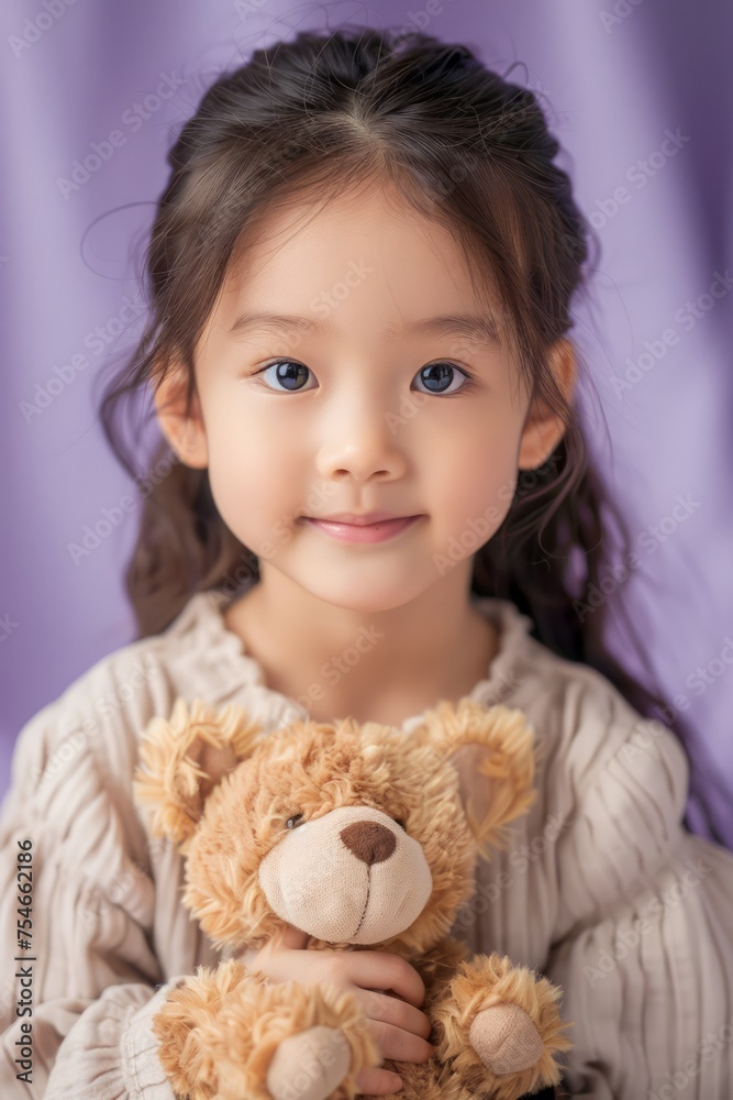 Portrait of a Smiling Young Girl Holding a Teddy Bear with a Purple Background - Studio Shot of Child Embracing Plush Toy Portrait of a Smiling Young Girl Holding a Teddy Bear with a Purple Background - Studio Shot of Child Embracing Plush Toy