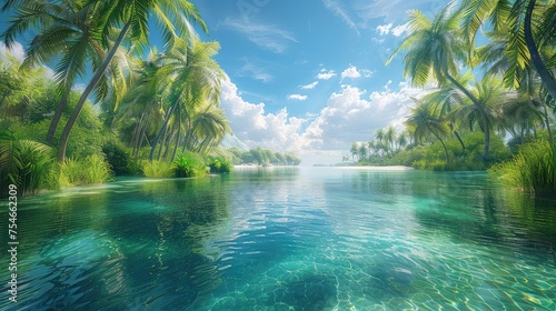 Tropical Paradise  Images featuring lush palm trees  crystal-clear waters  and vibrant flora epitomize the concept of a tropical paradise