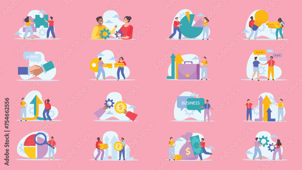 Business merger concept flat icons. Concept flat set of compositions with people and conceptual icons connected with dashed lines vector illustration Business merger concept flat icons. Concept flat set of compositions with people and conceptual icons connected with dashed lines vector illustration