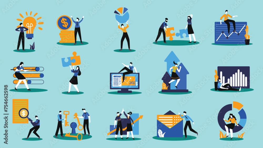 Fototapeta premium Set of icon business analytics. Big data analysis technology symbol with doodle style. Collection of male and female business people scenes in the business statistic scene.