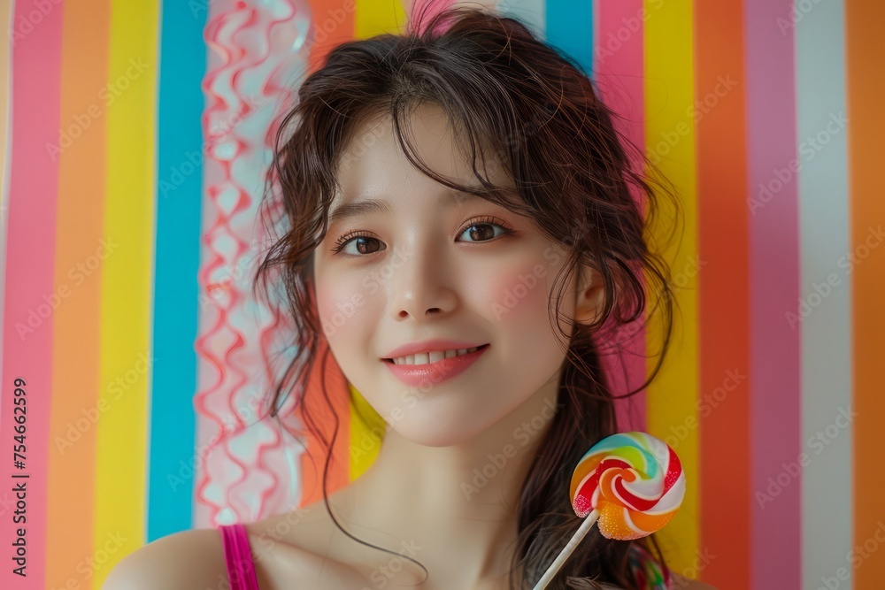 Young Woman Smiling with Colorful Lollipop on Multicolored Stripe Background, Cheerful Female Portrait