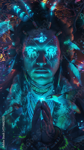An intimate depiction of a cybernetic Native American shaman their eyes glowing with data streams