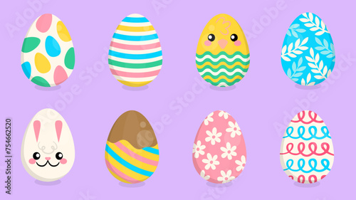 Happy Ester Icons Set. Easter Eggs with Realistic Ornament Pattern Vector Illustration