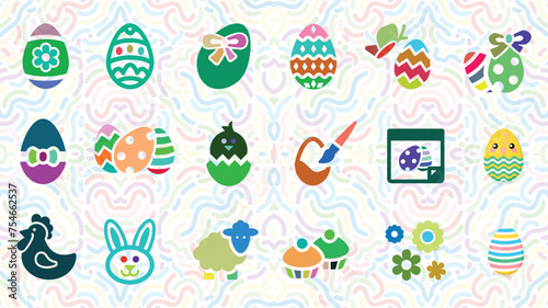 Happy Ester Icons. Easter Eggs with Realistic ornament pattern, Vector Illustration