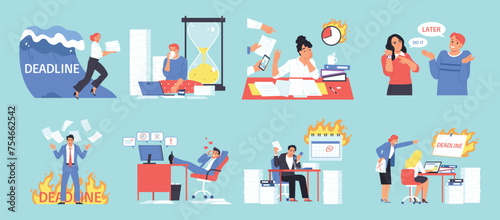 Procrastination project deadline icons color set. Icons of Chatting office workers arguing and burning paper vector illustration