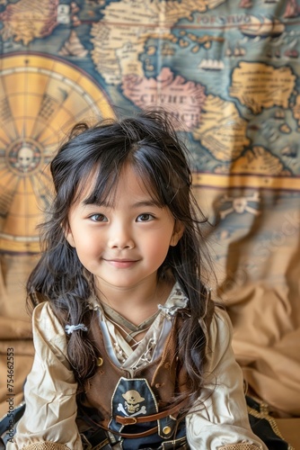 Adorable Young Girl in Explorer Costume Smiling with Vintage World Map Background