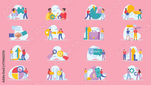 Business merger concept flat icons. Concept flat set of compositions with people and conceptual icons connected with dashed lines vector illustration