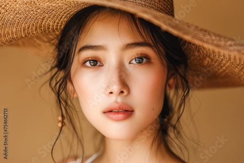 Elegant Young Woman with Sun Hat Posing for a Fashion Portrait with a Warm Beige Background and Soft Natural Light © pisan