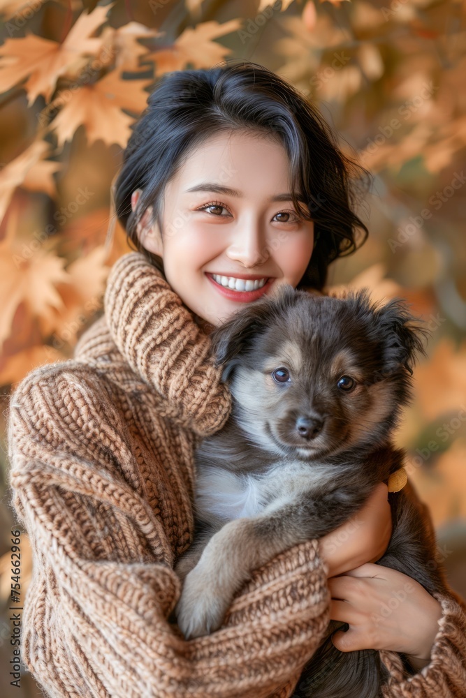 Smiling Young Woman Embracing Cute Puppy amidst Autumn Leaves, Warm Knitted Sweater Fashion Smiling Young Woman Embracing Cute Puppy amidst Autumn Leaves, Warm Knitted Sweater Fashion