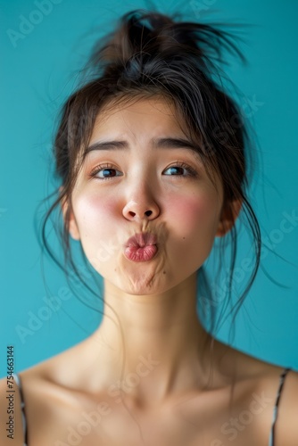 Young Woman with a Playful Expression Puckering Lips against a Teal Background