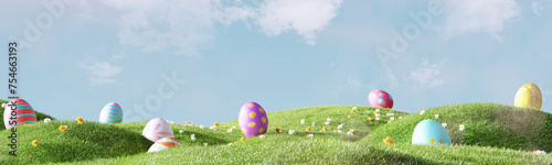 Easter landscape, colorful eggs and daisy flower on meadow under beautiful sky. 3d rendering