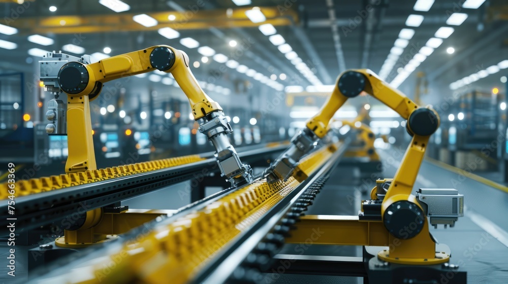 Robotic arms efficiently sort and handle packages on a high-speed automated production line in an industrial setting.
Robotic arms efficiently sort and handle packages on a high-speed automated production line in an industrial setting.