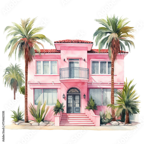 A Watercolor drawing of a pink house, Isolated on transparent PNG background, Generative ai © Rajesh