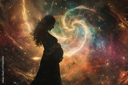 An artistic interpretation of a pregnant woman s silhouette against a backdrop of swirling galaxies and stars  her hands cradling her belly in a gesture of cosmic connection