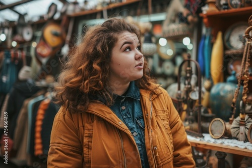 Curly-haired plus-size woman browsing in an antique shop.