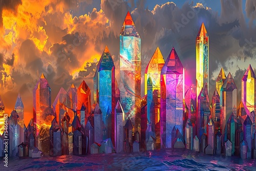 A painting depicting a city filled with numerous towering buildings made of futuristic materials. Generative AI