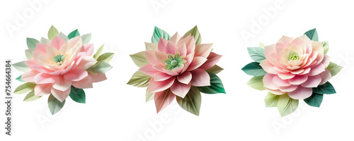 3 paper flowers isolate on transparent background