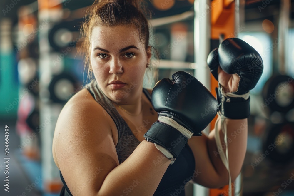 Fototapeta premium Determined plus-size young woman with boxing gloves in a gym.