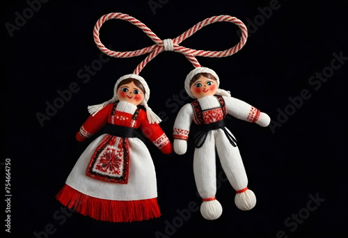 two martenitsa dolls in traditional costumes hanging from a rope photo
