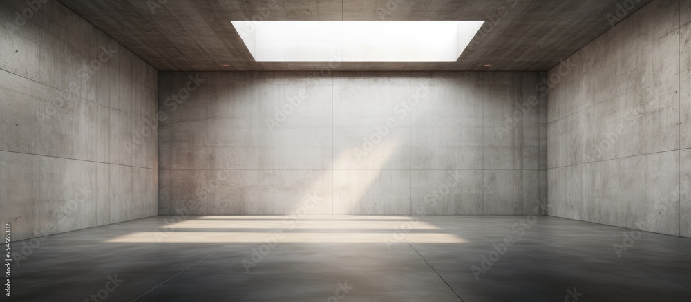 A room with stark concrete walls and a skylight, devoid of any furniture or decoration. Sunlight filters in through the skylight, casting a clean, minimalist aesthetic. The space feels open and A room with stark concrete walls and a skylight, devoid of any furniture or decoration. Sunlight filters in through the skylight, casting a clean, minimalist aesthetic. The space feels open and