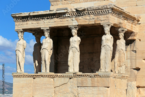 The Temple of Erechtheion's famous porch with 6 caryatids in the Acropolis.