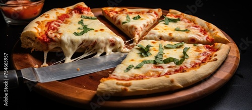 A Margarita pizza sits on a wooden platter with a knife beside it. Two slices have been removed with a pizza shovel, showcasing the gooey cheese and fresh toppings.