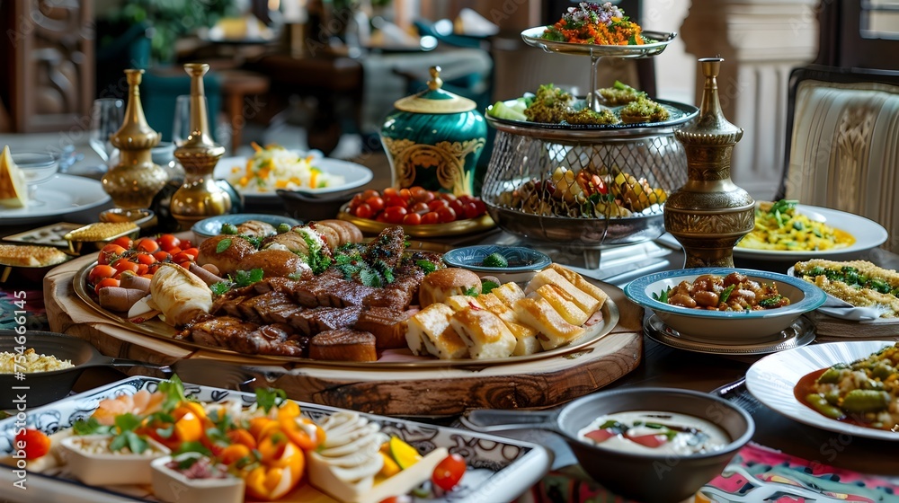 Luxurious Middle Eastern Feast at a Luxury Hotel Restaurant, To showcase the rich and diverse flavors of Middle Eastern and Turkish cuisine in a Luxurious Middle Eastern Feast at a Luxury Hotel Restaurant, To showcase the rich and diverse flavors of Middle Eastern and Turkish cuisine in a