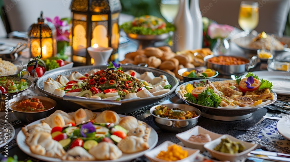 A Vibrant Iftar Spread Celebrating Ramadans Rich Cultural Heritage, To showcase the diversity and richness of Ramadan cuisine and culture in a warm