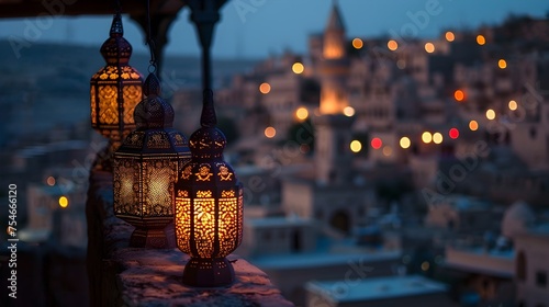 Ramadan Lanterns Glowing Softly on Ancient Cityscape, To showcase the beauty and significance of Ramadan traditions and cultural heritage in a serene photo