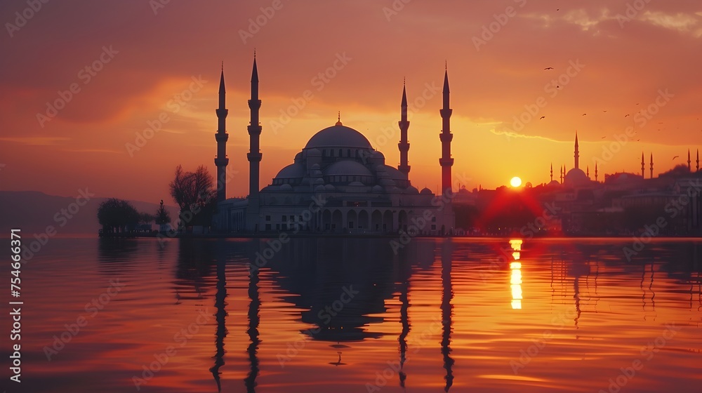 Sunset View of Istanbul Mosque with Water Reflection, To convey the beauty and tranquility of Istanbuls historic mosques during sunset, and to evoke