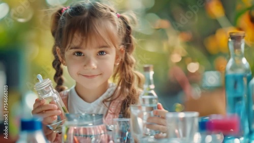 A cute little girl holds a microscope and holds a laboratory flask with a scientist testing water at school as an educational concept