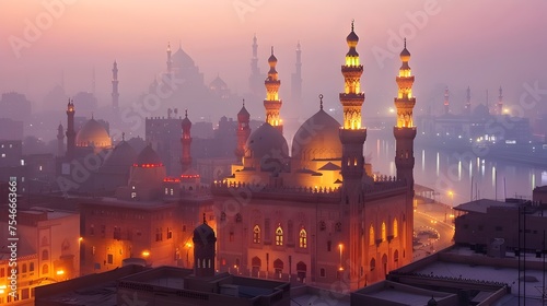 Dusk View of Ancient Egyptian City with Illuminated Minarets, To convey the historical and cultural significance of Egypt, capturing the beauty of photo