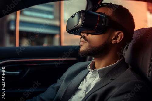 Portrait of a person wearing virtual reality goggles whilst driving a car © ink drop