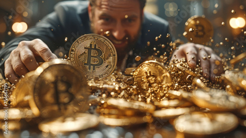 A man in a suit dives into an overflowing treasure of golden coins, prominently featuring a large, detailed Bitcoin token, symbolizing cryptocurrency wealth and investment excitement © victoriazarubina