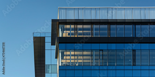 Edifício de Escritórios Moderno com Fachada de Vidro Refletindo a Paisagem Urbana Circundante Ampla captura com lente de 24mm photo